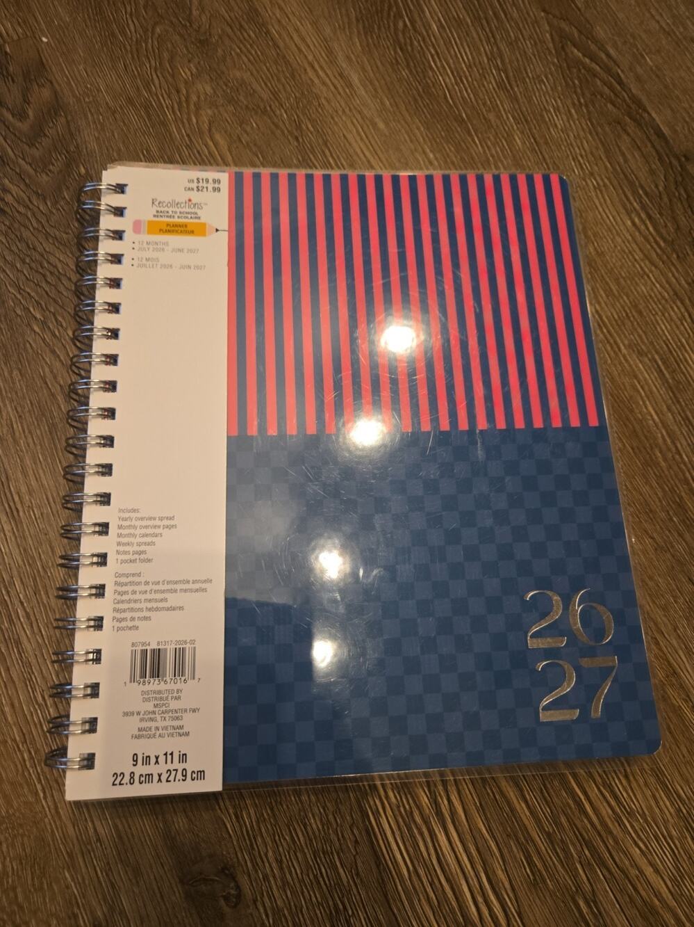 Recollections 2026-2027 Spiral Planner 9x11 Blue Red Stripe 12 Month New
